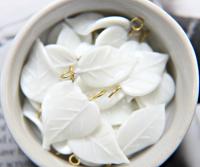 6 Iridescent White Glass Leaf Drop Beads With Embedded Loop 35 x 17 MM