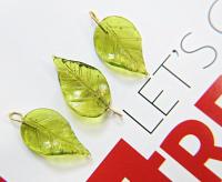 6 Iridescent Olive Green Glass Leaf Drop Beads With Embedded Loop 35 x 17 MM