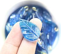 6 Iridescent Capri Blue Glass Leaf Drop Beads With Embedded Loop 35 x 17 MM