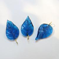 6 Iridescent Capri Blue Glass Leaf Drop Beads With Embedded Loop 35 x 17 MM