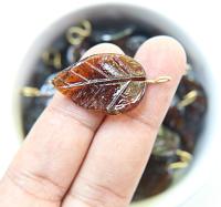 6 Iridescent Dark Brown Glass Leaf Drop Beads With Embedded Loop 35 x 17 MM Charms