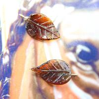 6 Iridescent Dark Brown Glass Leaf Drop Beads With Embedded Loop 35 x 17 MM Charms