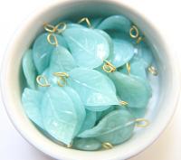 6 Iridescent Mint Opal Glass Leaf Drop Beads With Embedded Loop 35 x 17 MM