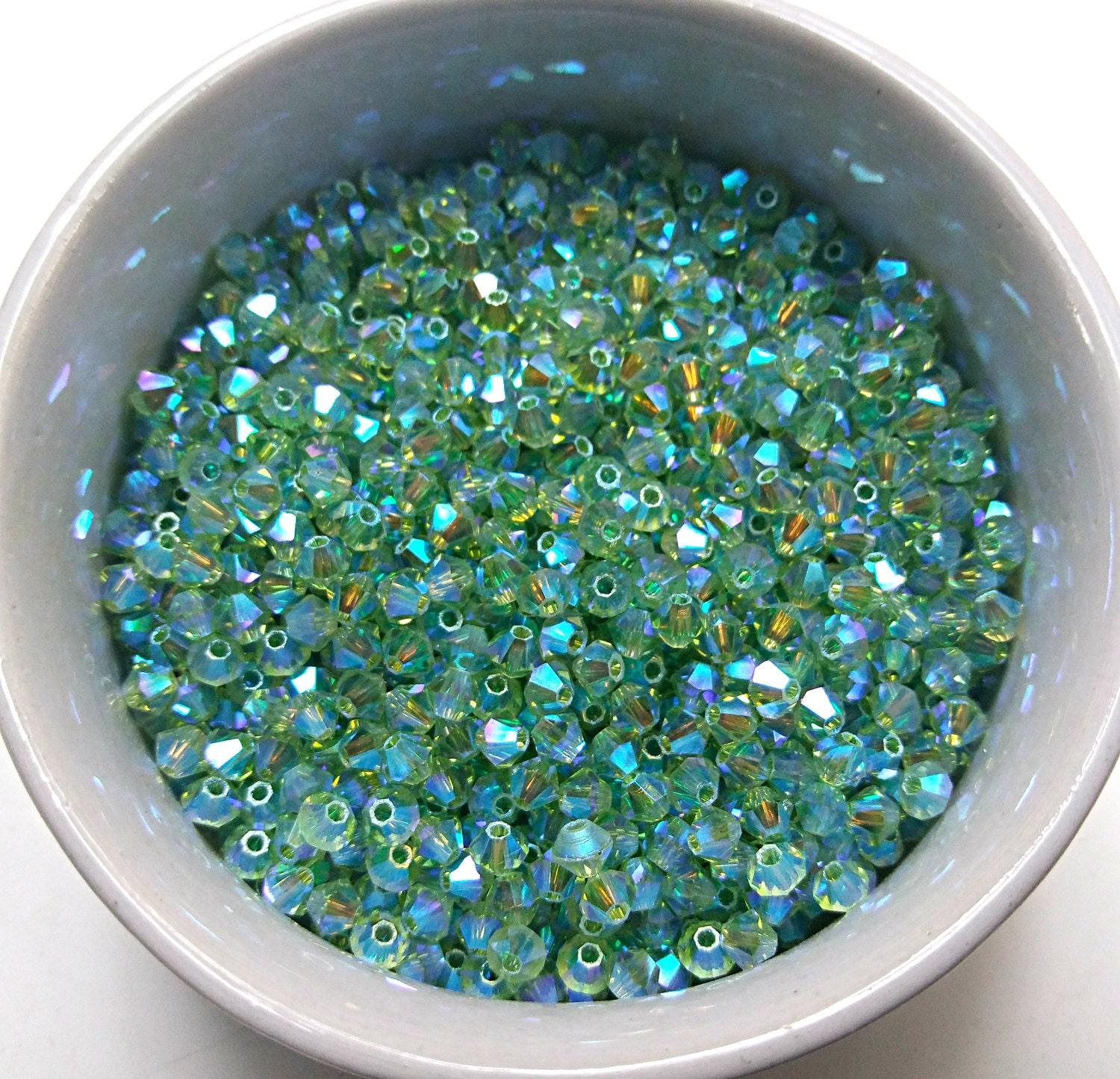 Swarovski (3/4mm) Peridot AB 2X FC Bicones Rainbow Beads 36/72/144/432/720 Pieces bridal embroidery, haute couture, jewelry making