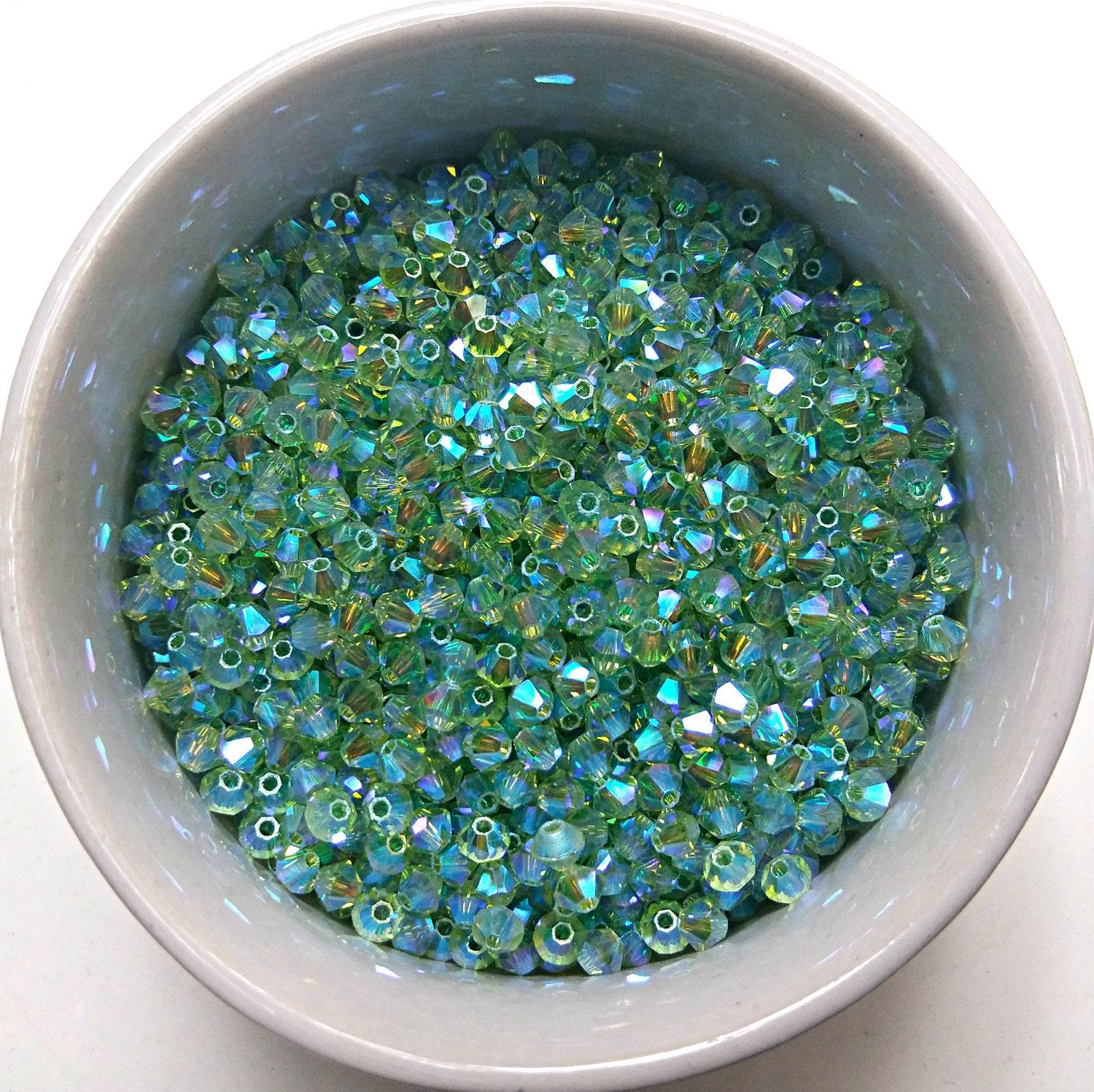 Swarovski (3/4mm) Peridot AB 2X FC Bicones Rainbow Beads 36/72/144/432/720 Pieces bridal embroidery, haute couture, jewelry making