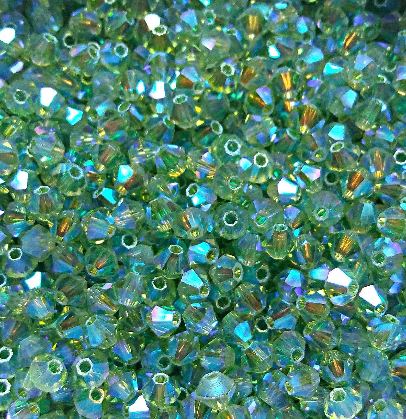 Swarovski (3/4mm) Peridot AB 2X FC Bicones Rainbow Beads 36/72/144/432/720 Pieces bridal embroidery, haute couture, jewelry making