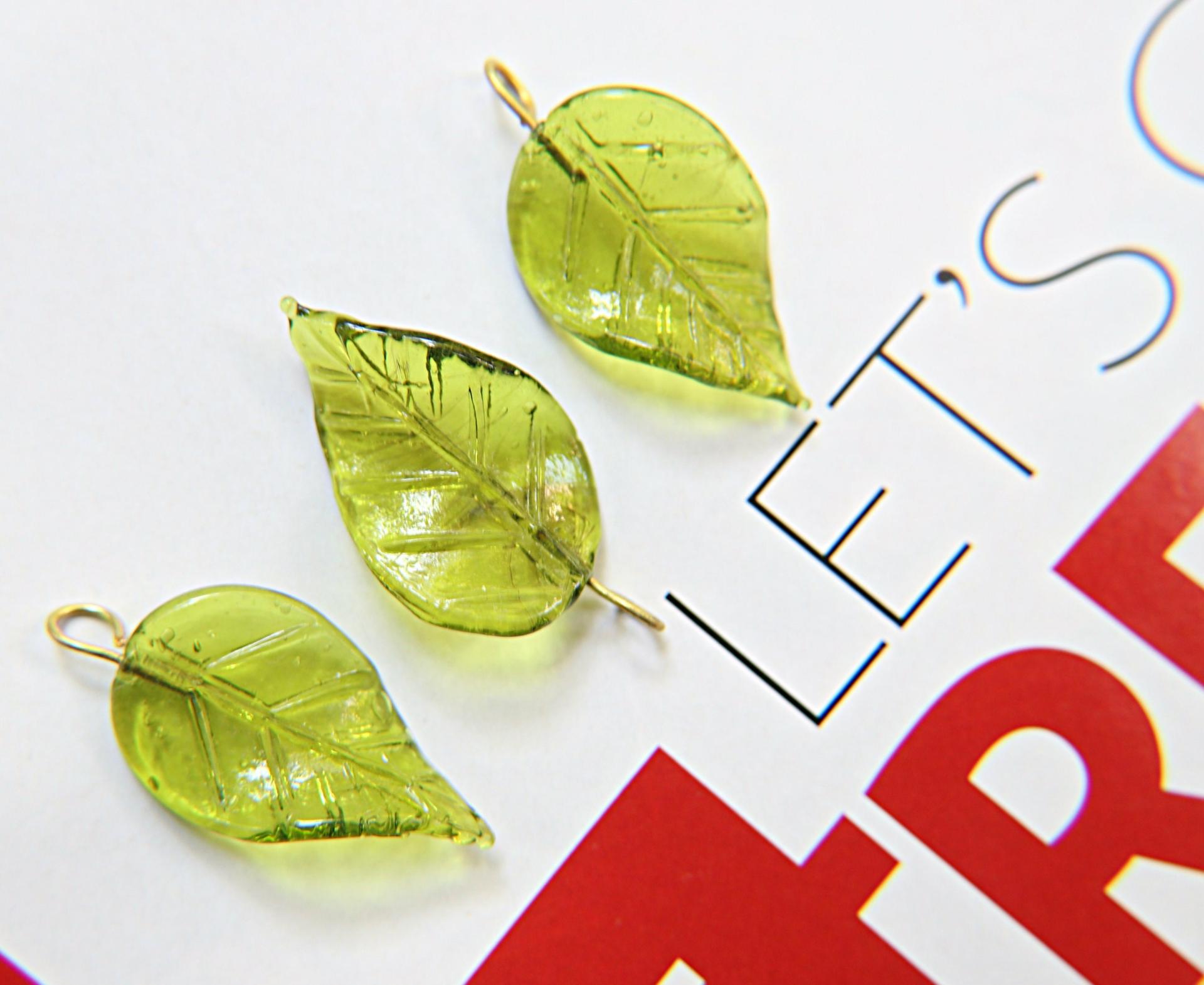 6 Iridescent Olive Green Glass Leaf Drop Beads With Embedded Loop 35 x 17 MM