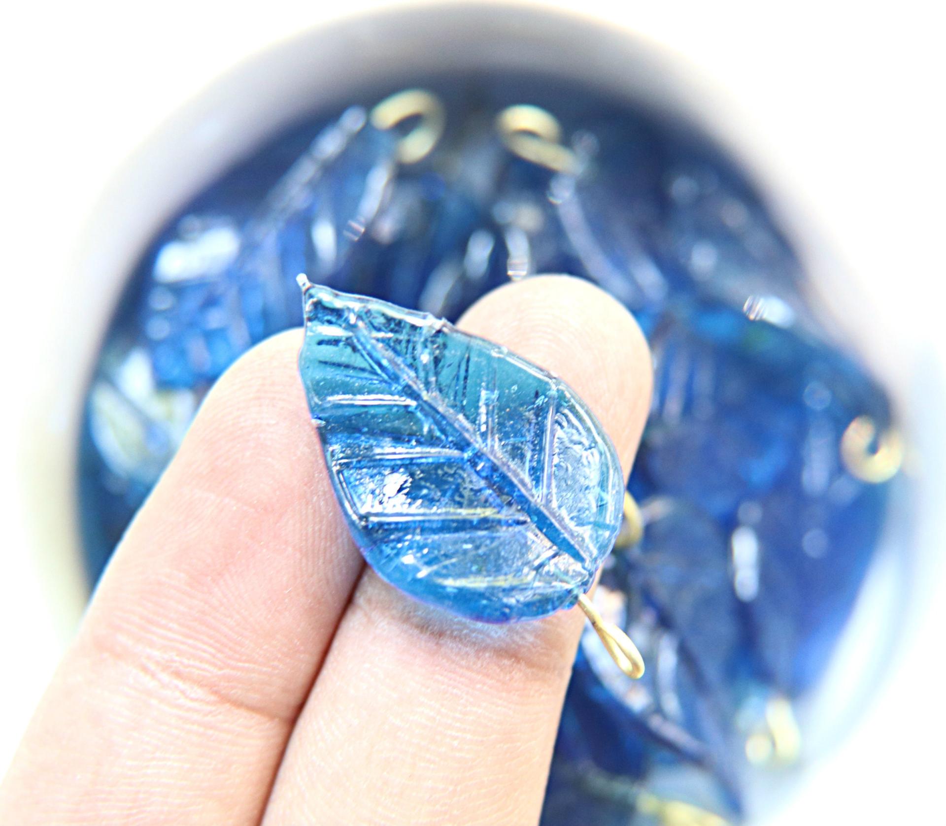 6 Iridescent Capri Blue Glass Leaf Drop Beads With Embedded Loop 35 x 17 MM