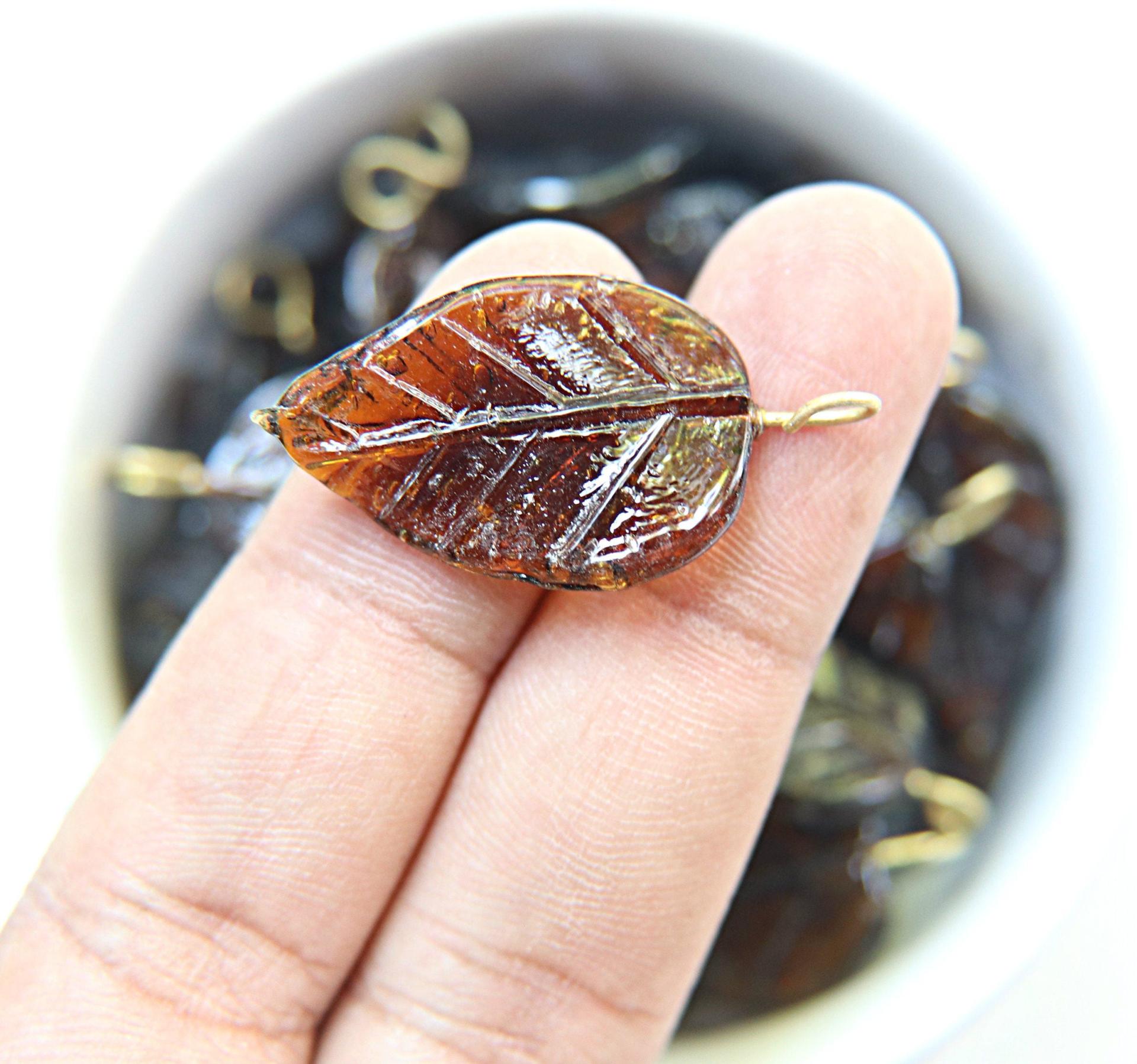 6 Iridescent Dark Brown Glass Leaf Drop Beads With Embedded Loop 35 x 17 MM Charms
