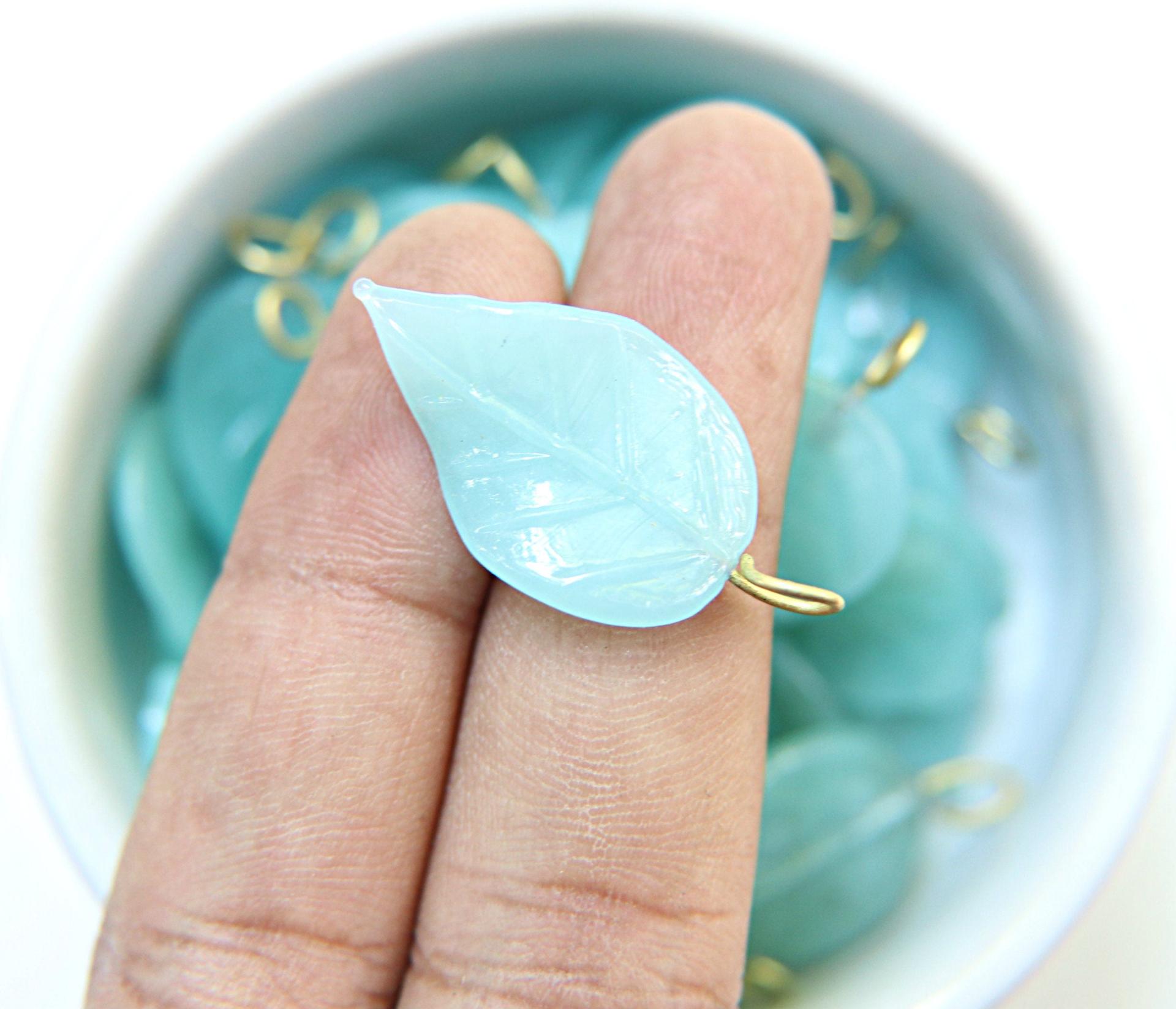 6 Iridescent Mint Opal Glass Leaf Drop Beads With Embedded Loop 35 x 17 MM
