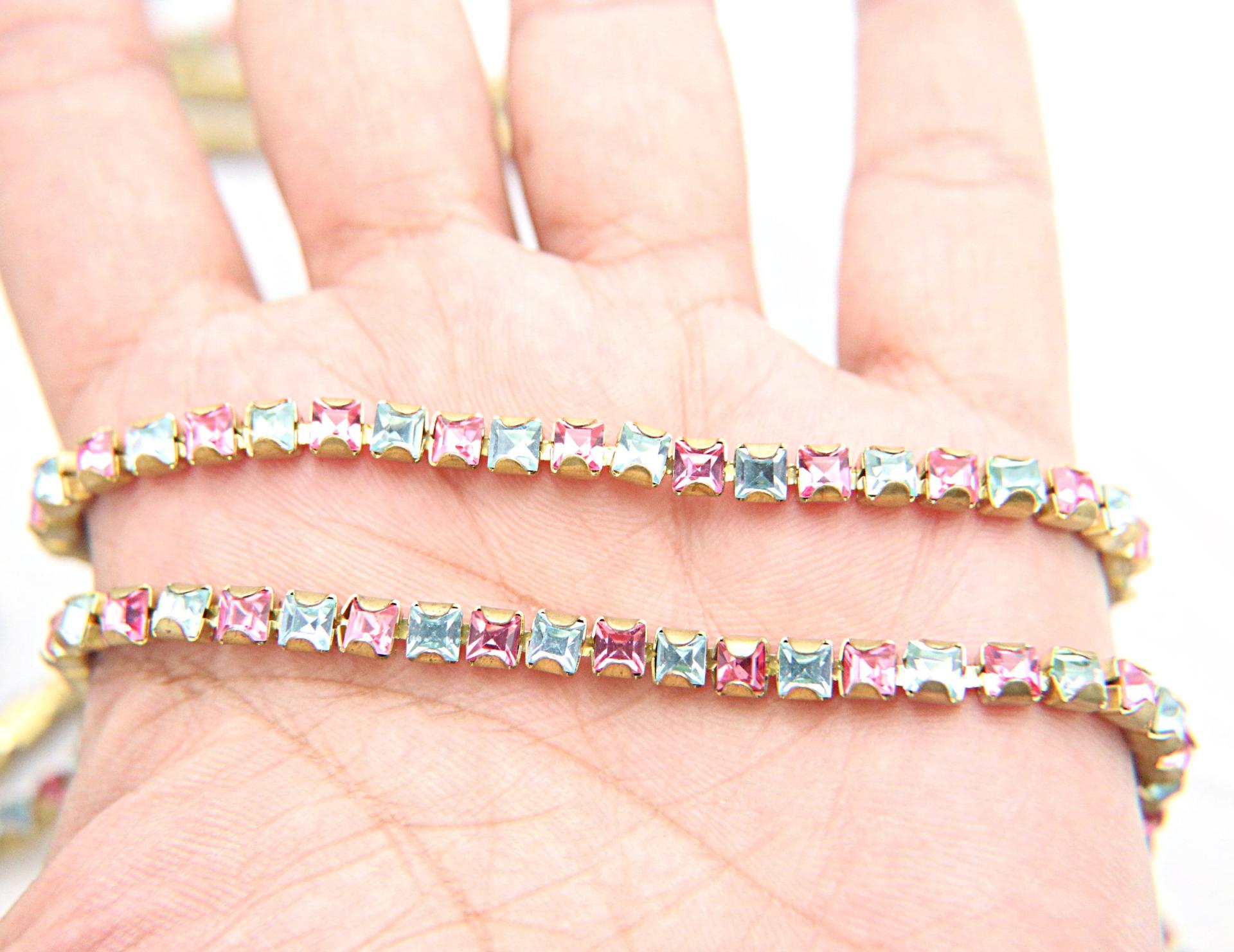 4mm Square Swarovski fancy Rhinestone Chain in Rose & Aquamarine 0.5/1 Meter Brass Settings Wedding Bridal Supplies|Decoration