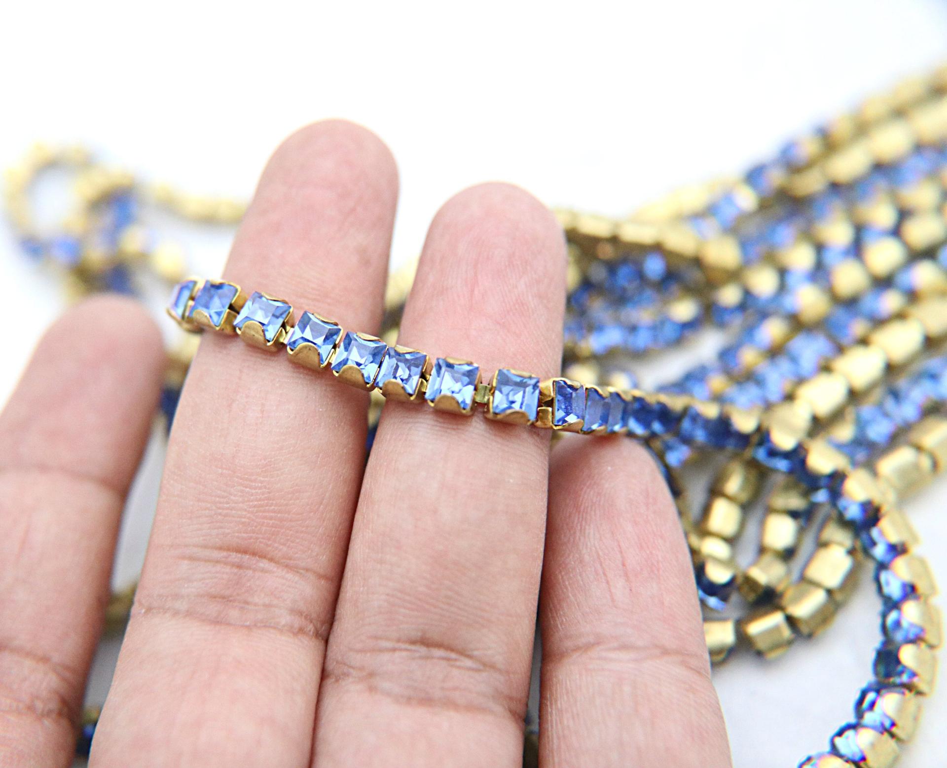4mm Square Swarovski fancy Rhinestone Chain in Sapphire 0.5/1 Meter Brass Settings Wedding Bridal Supplies|Decoration