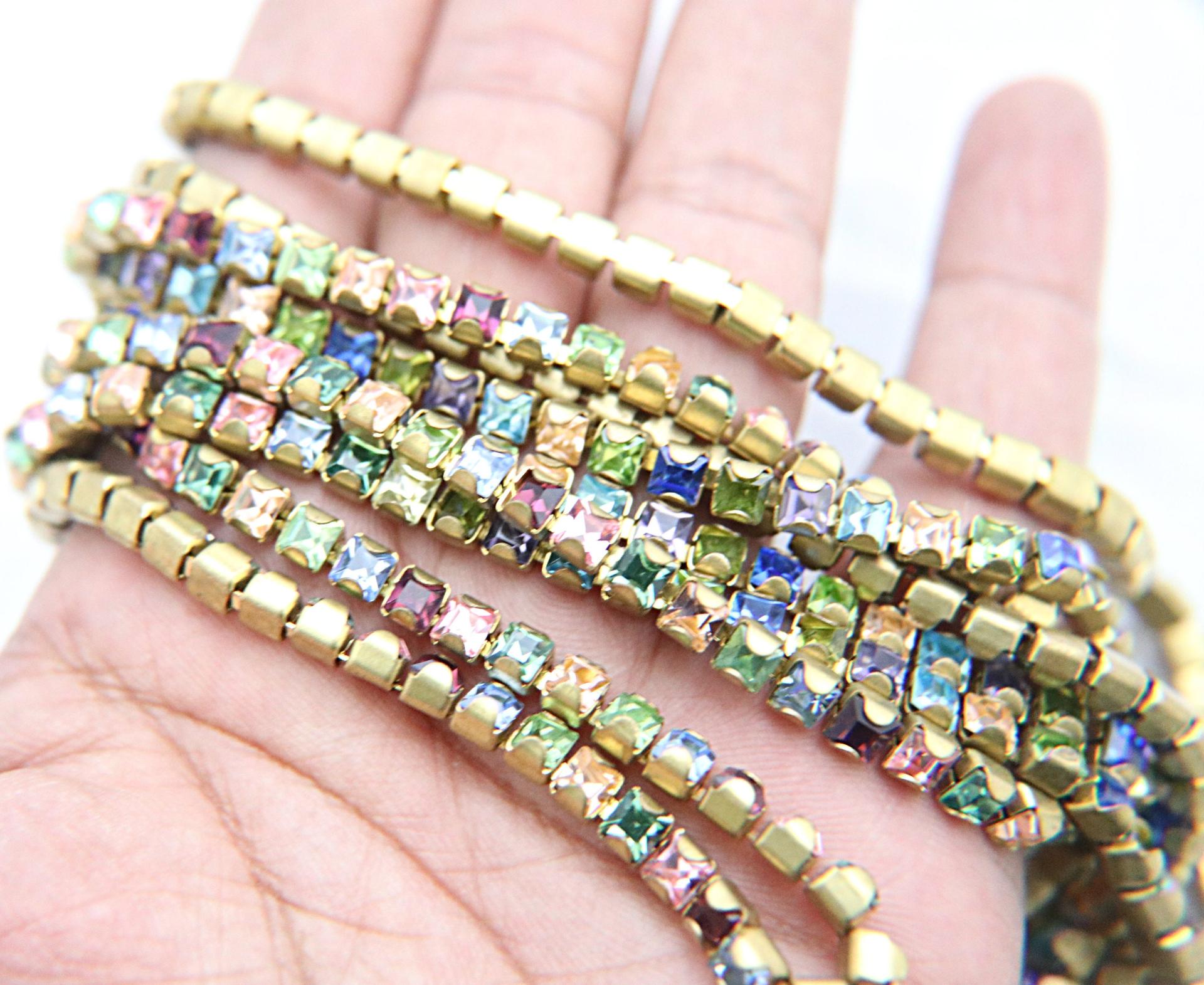 4mm Square Swarovski fancy Rhinestone Chain in Multi Color0.5/1 Meter Brass Settings Wedding Bridal Supplies|Decoration