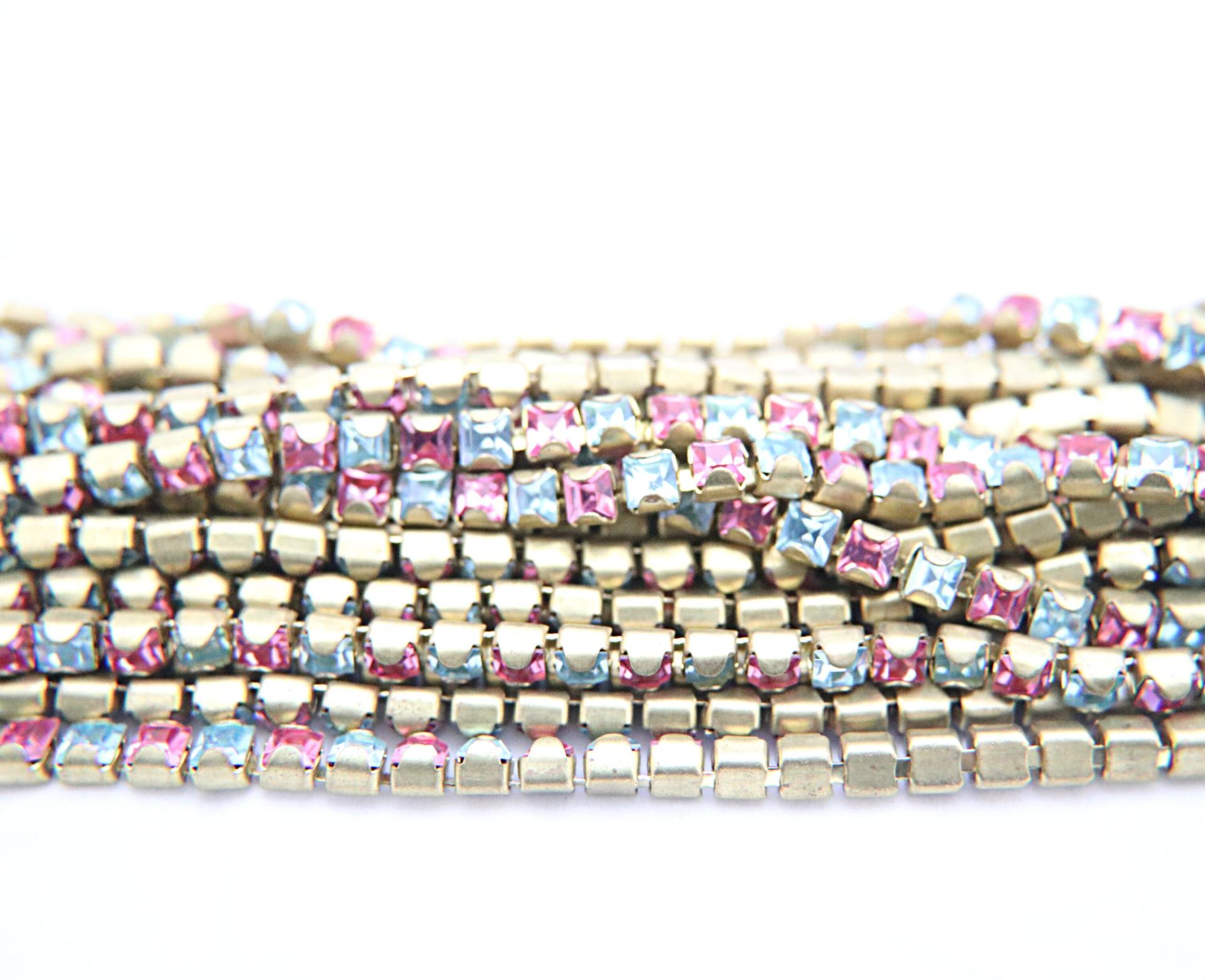 4mm Square Swarovski fancy Rhinestone Chain in Rose & Aquamarine 0.5/1 Meter Brass Settings Wedding Bridal Supplies|Decoration