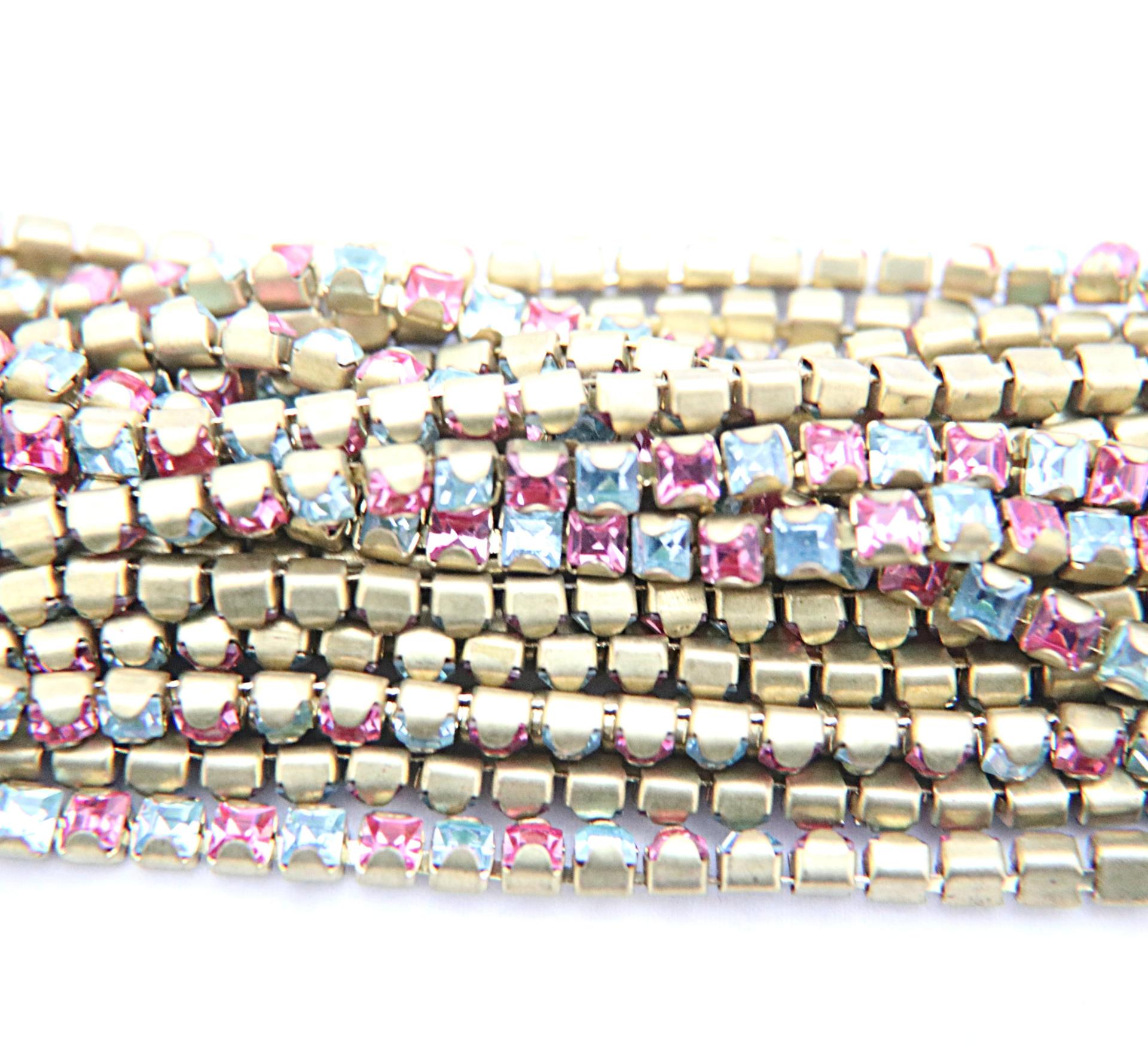 4mm Square Swarovski fancy Rhinestone Chain in Rose & Aquamarine 0.5/1 Meter Brass Settings Wedding Bridal Supplies|Decoration