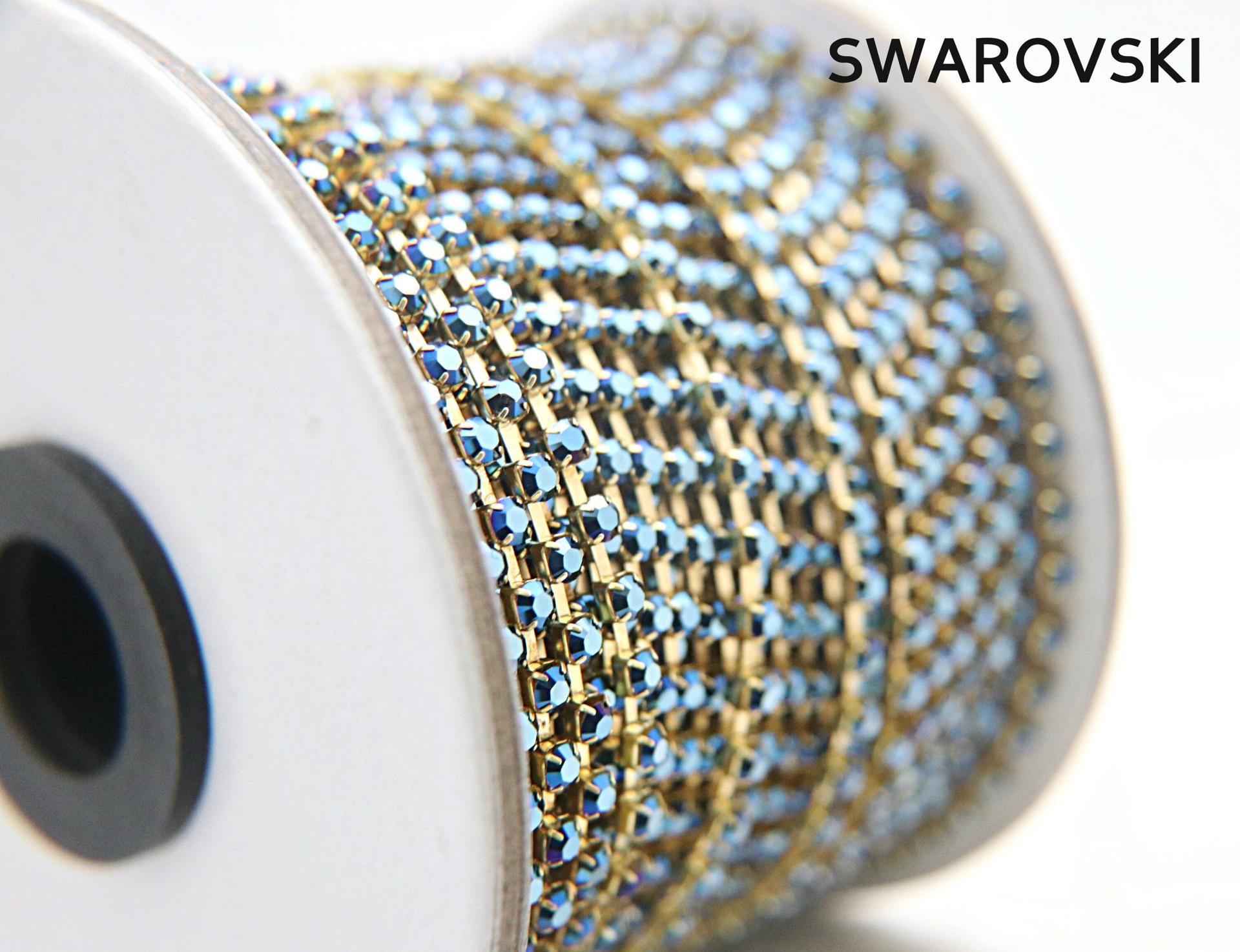16 SS Rhinestone Chain Swarovski in Crystal Metallic Blue 4mm 0.5/1/2/5/15 Meters vintage findings, strass chains, craft supplies, rare