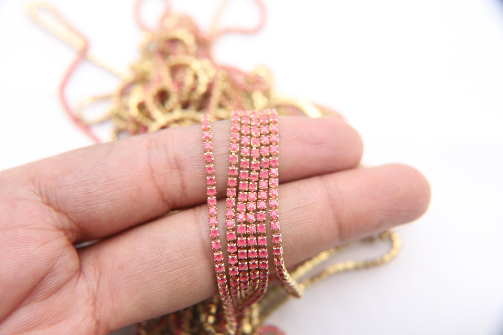 14pp Cubic zirconium Rhinestone Close Cup Chain in Opal Rose (2mm) 0.5/1/2/5 Meters Brass Settings, strass findings, jewelry making