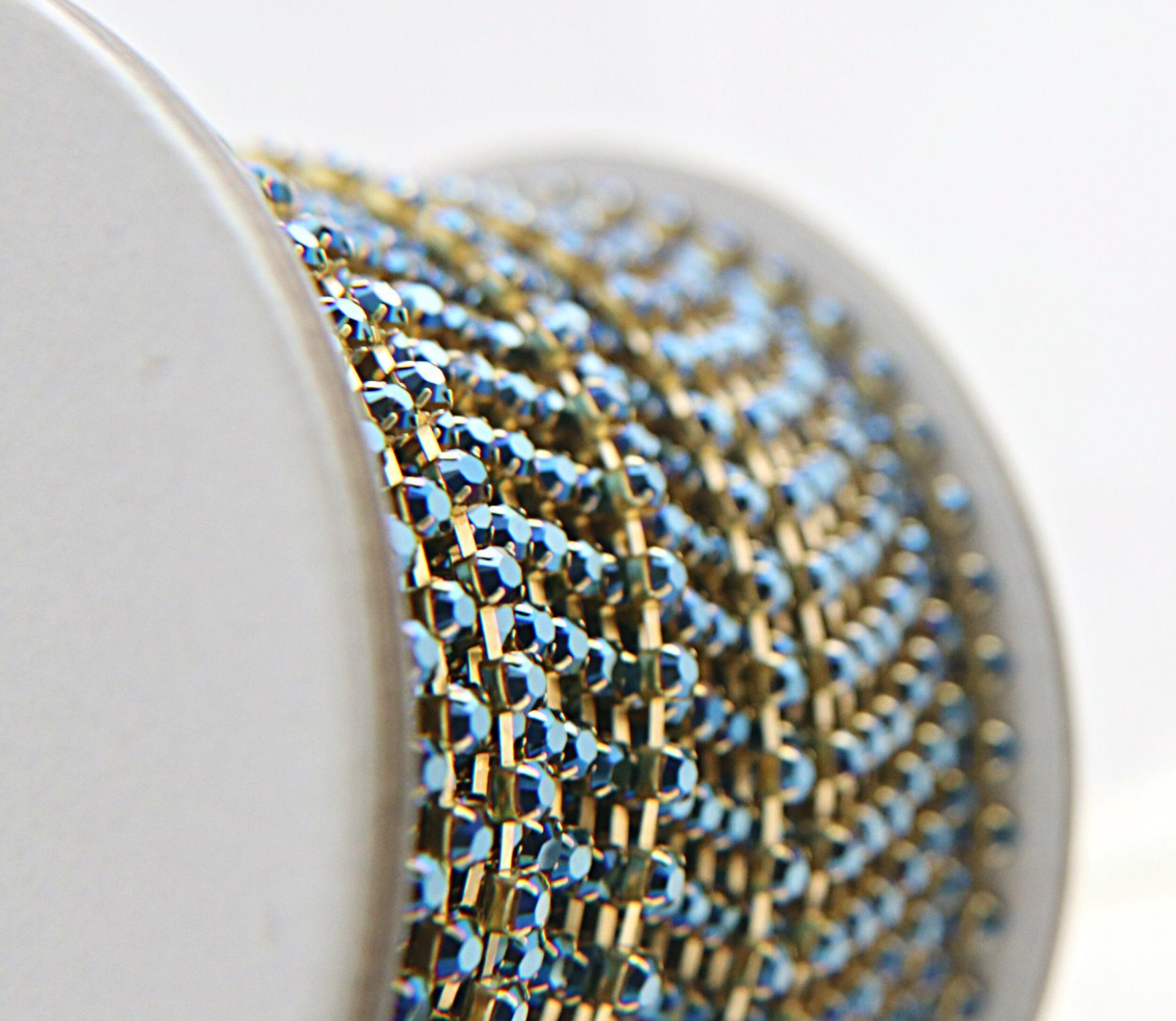 16 SS Rhinestone Chain Swarovski in Crystal Metallic Blue 4mm 0.5/1/2/5/15 Meters vintage findings, strass chains, craft supplies, rare