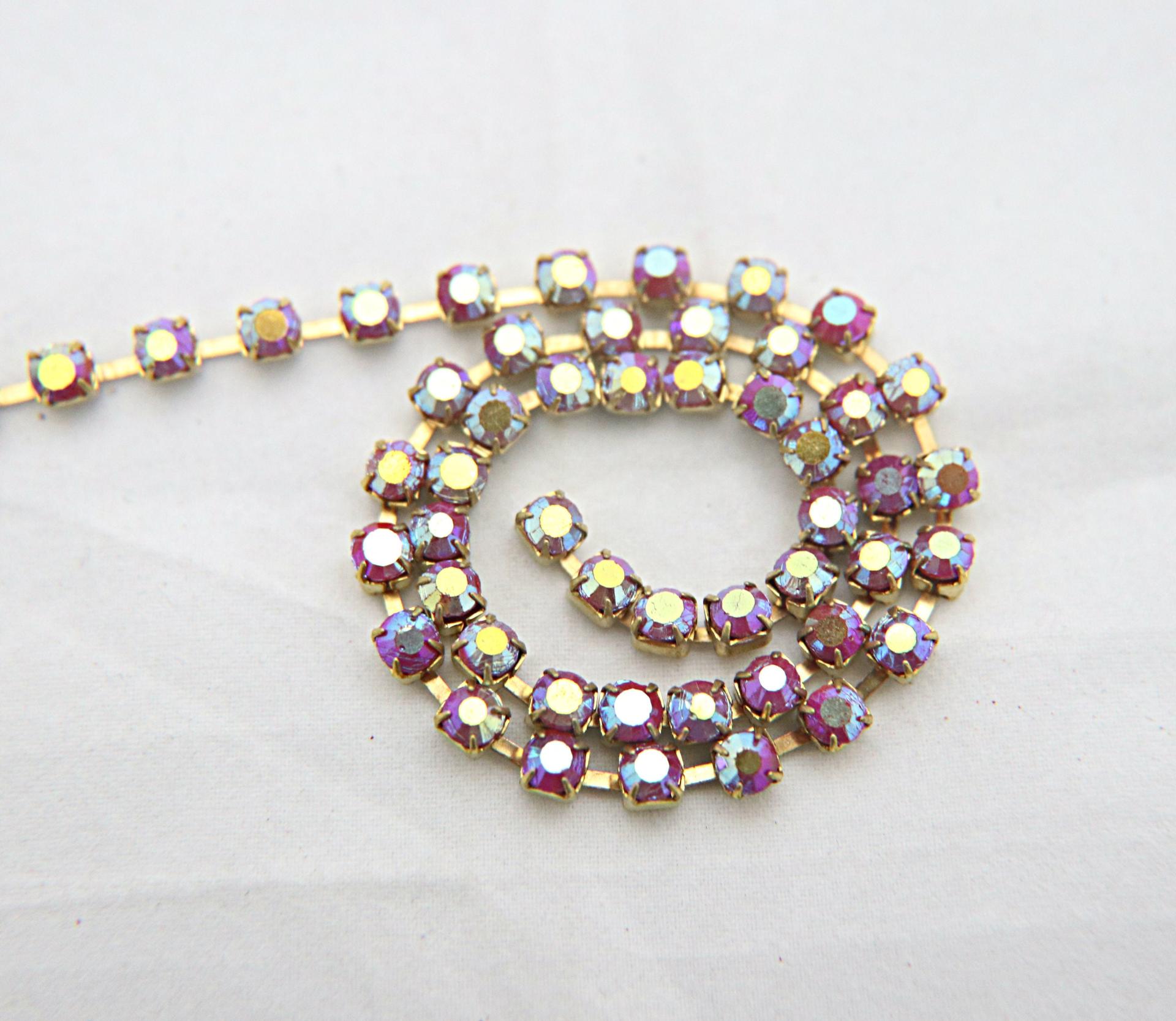 16 SS Rhinestone Chain Vintage Glass Brown Aurore Boreale (4mm) 1/2/5/15 Meters vintage findings, jewelry making, craft supplies, embroidery