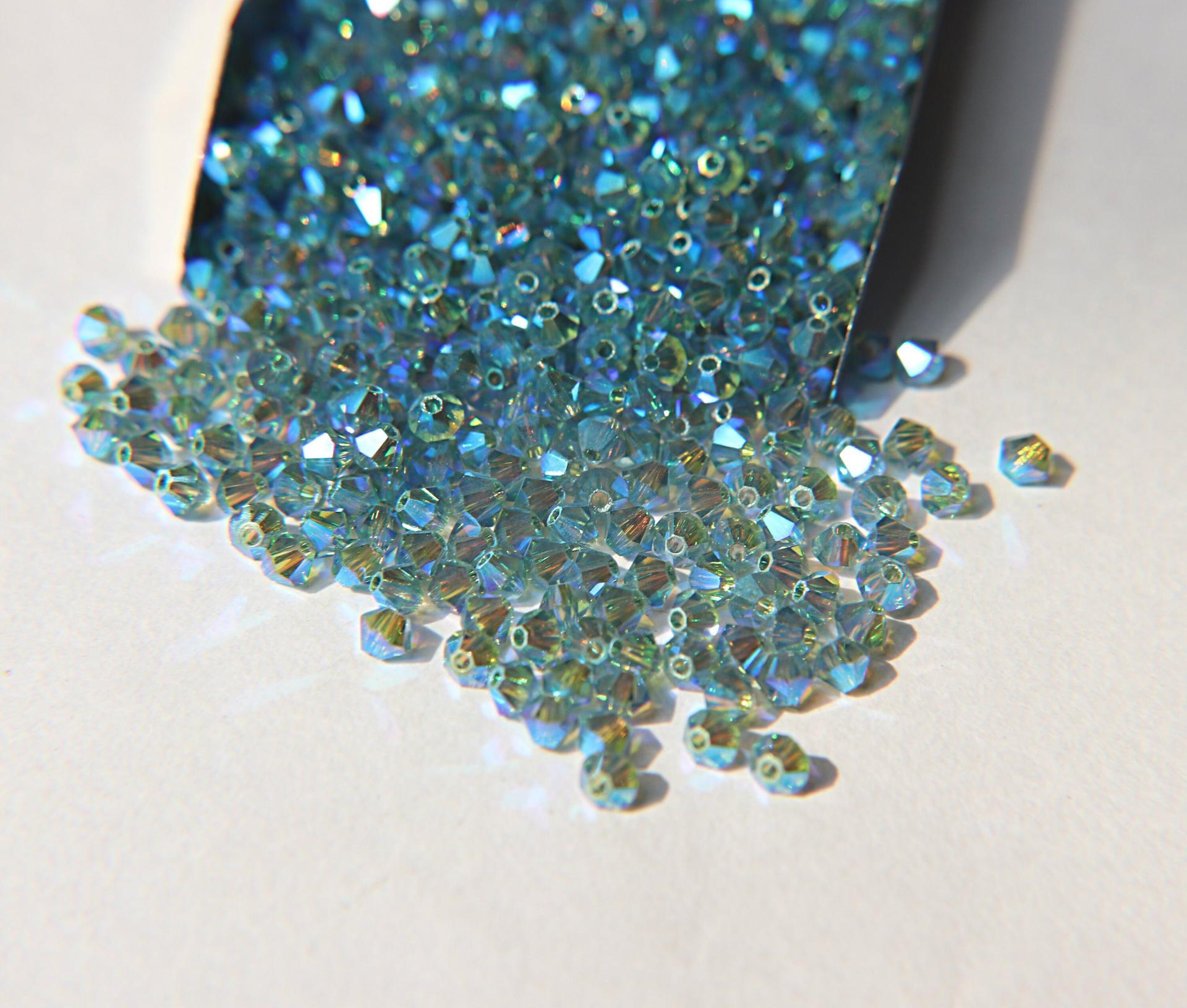 Swarovski (4mm) Erinite AB 2X FC Bicones Rainbow Beads 36/72/144/432/720 Pieces rainbow beads, jewelry making, couture embellishments