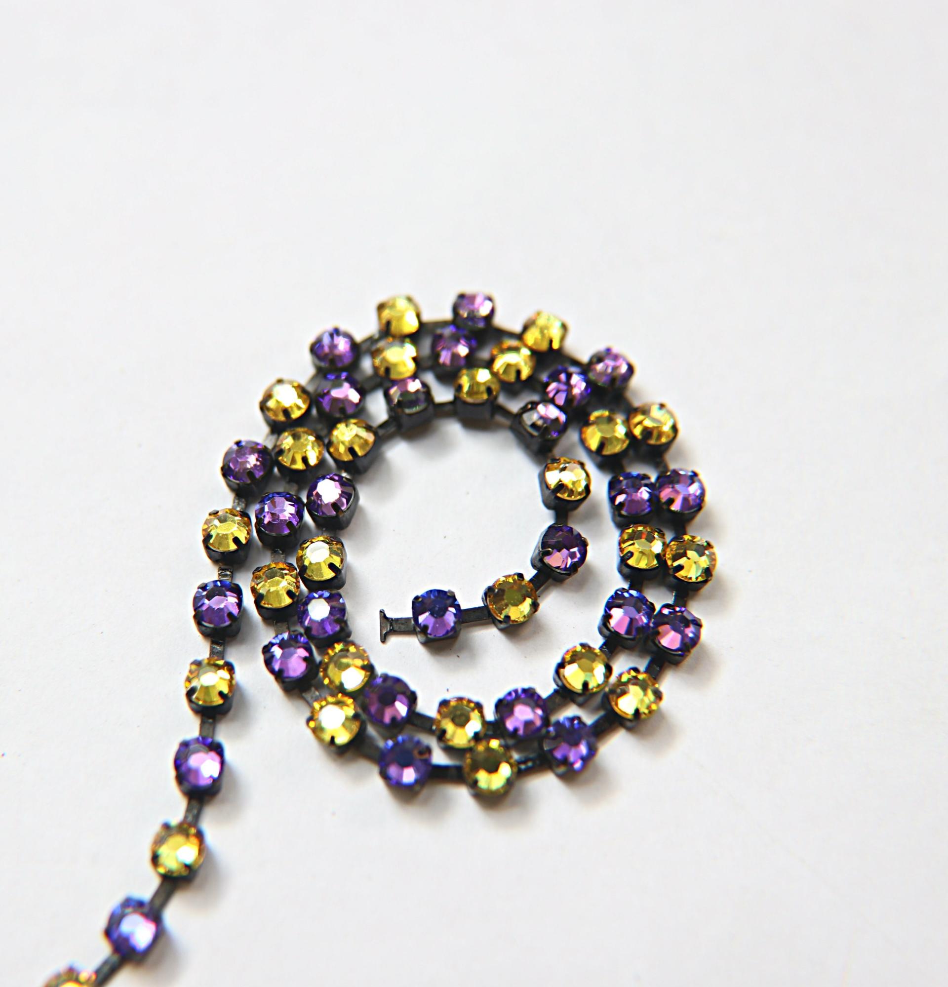 16ss Swarovski 2088 Chain in Flat Back Purple Mix (4mm) 0.5/1/2/5 Meters Vintage Black Settings Bridal Supplies, strass chains, embroidery
