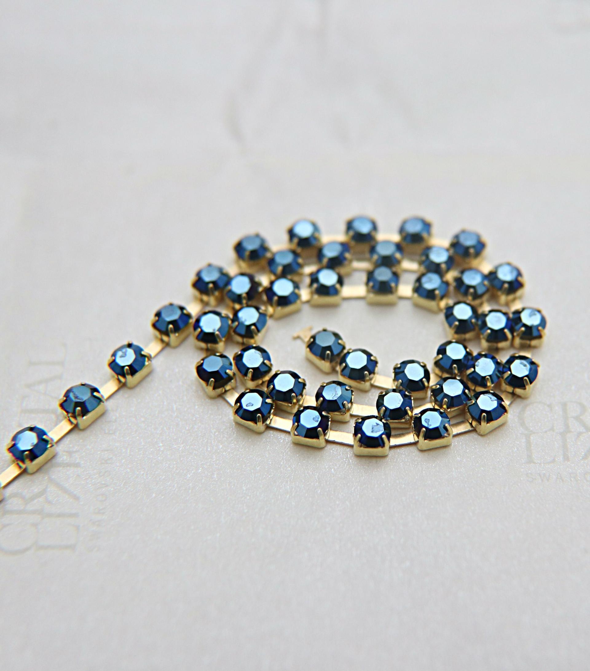 16 SS Rhinestone Chain Swarovski in Crystal Metallic Blue 4mm 0.5/1/2/5/15 Meters vintage findings, strass chains, craft supplies, rare