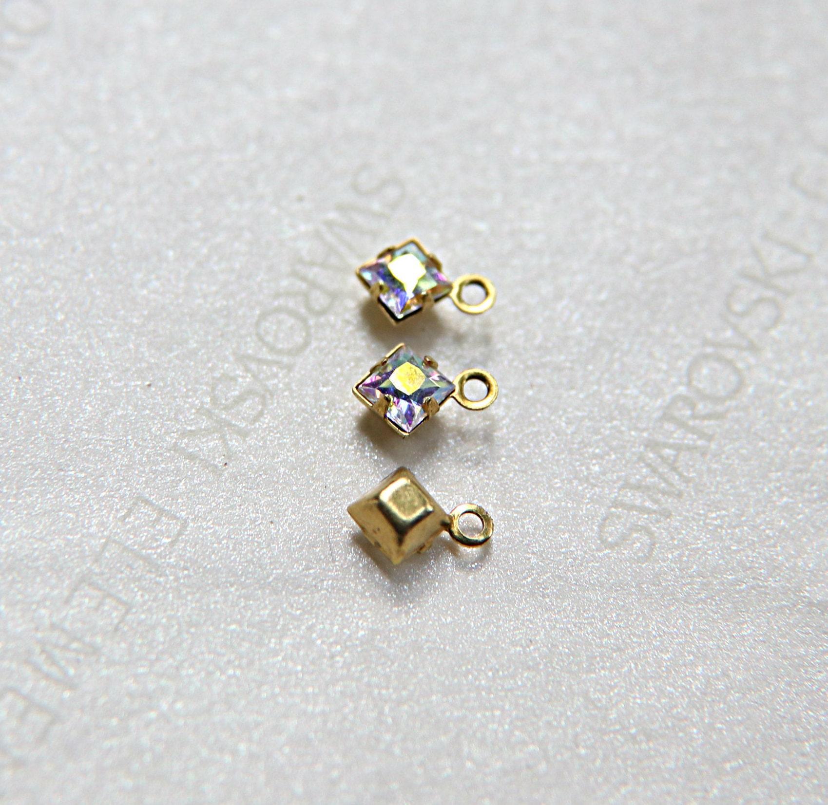 Swarovski 4mm fancy stone square setting drop one loop in 15 Colors 6/12/36/144/720 Pieces premium jewelry supplies in Brass setting charms