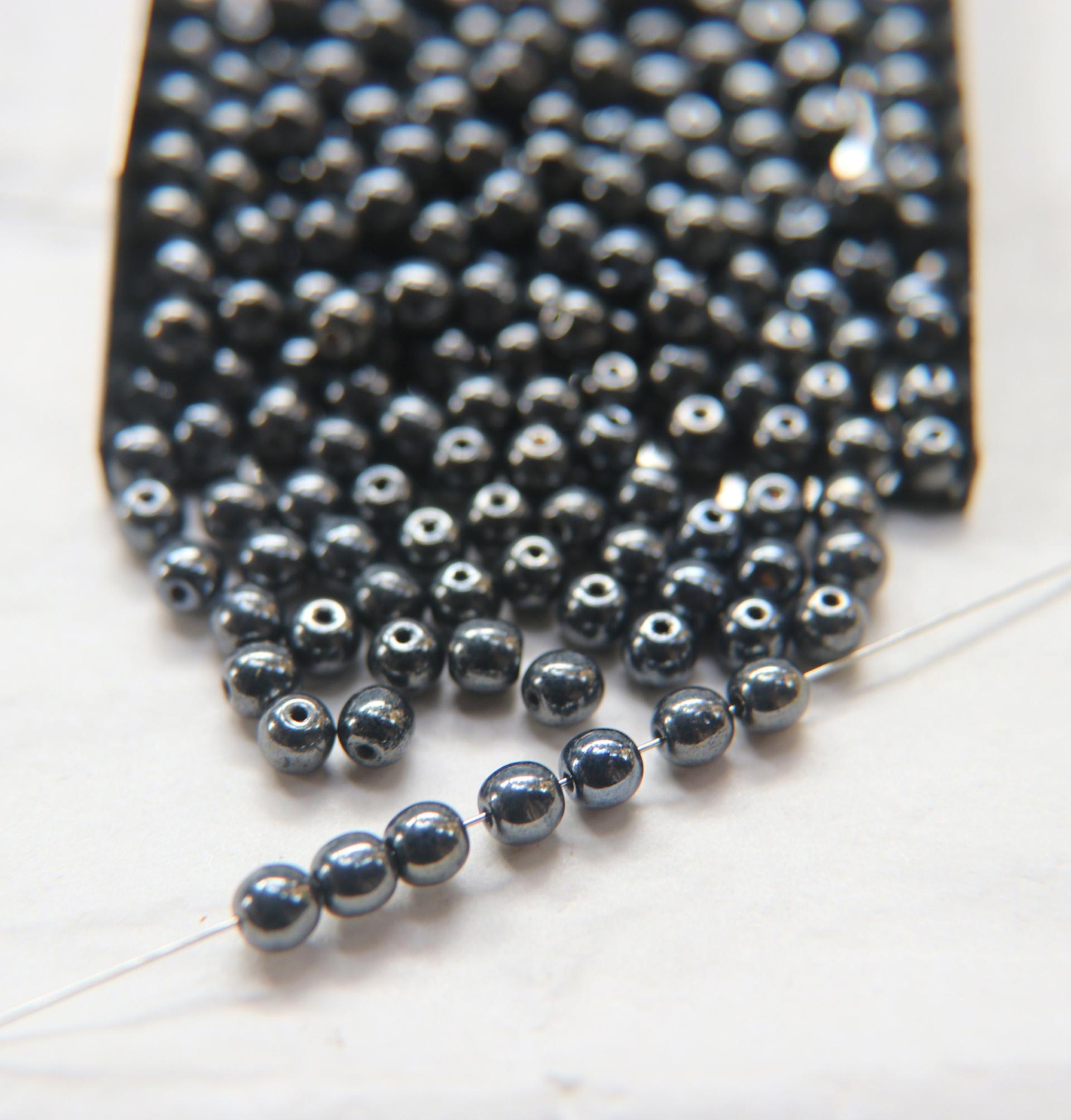 Czech Vintage Pearls 4mm Round in Jet Hematite 50/250/500 Pieces Jewelry making beads