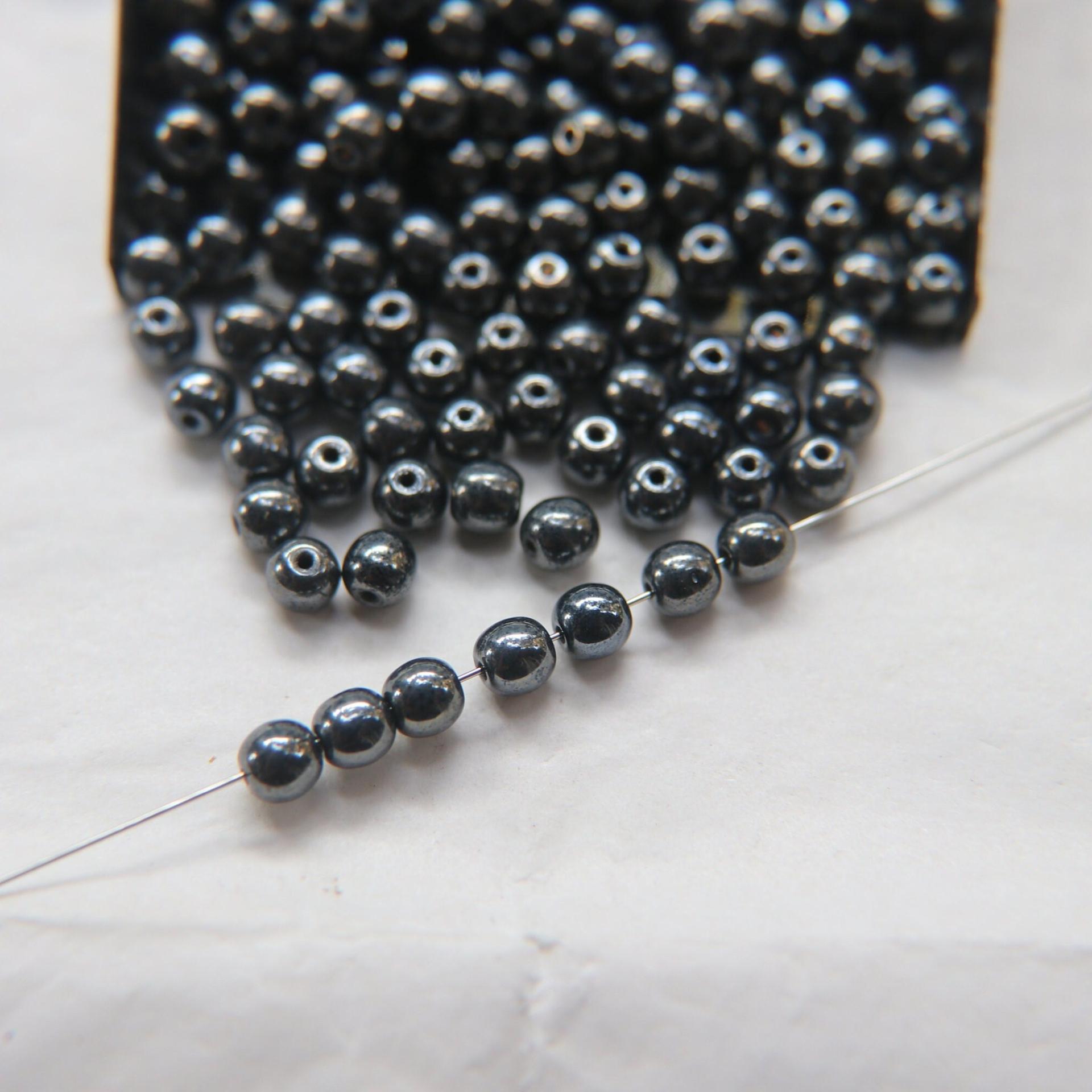 Czech Vintage Pearls 5mm Round in Jet Hematite 50/250/500 Pieces Jewelry making beads
