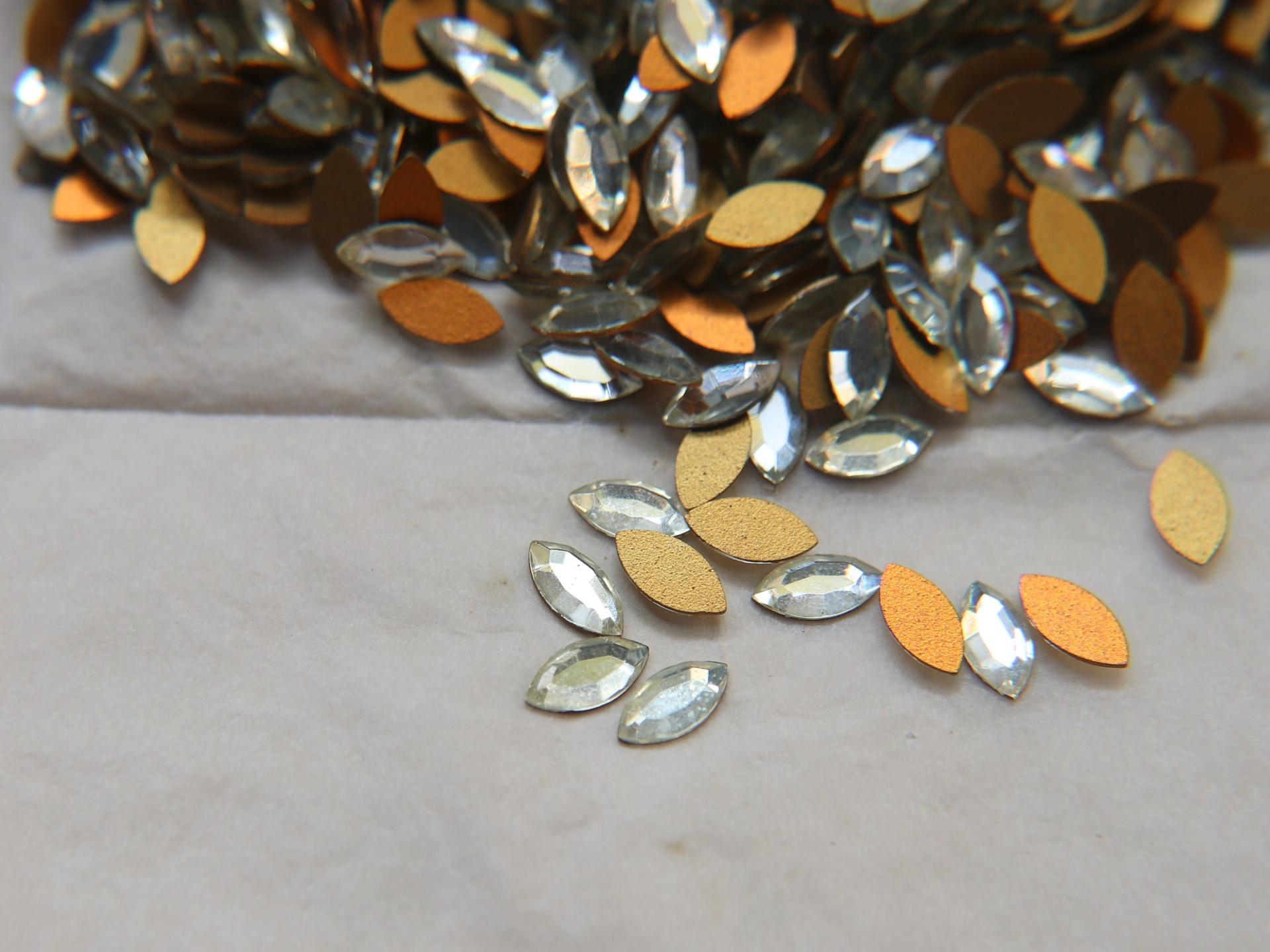 10x5mm vintage rose cut faceted flat back navette glass cabs, cabochons, West Germany