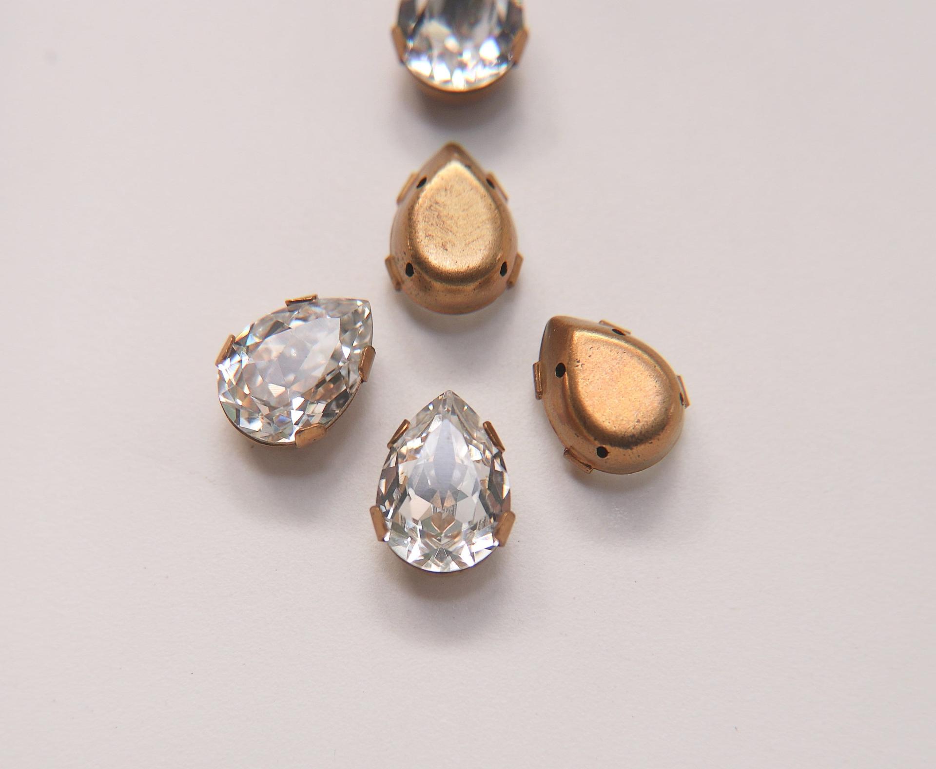 Swarovski 18x13 Pear brass Vintage Clips Sewon 4 hole in Crystal Settings embroidery materials sewing jewelry making craft vintage supplies