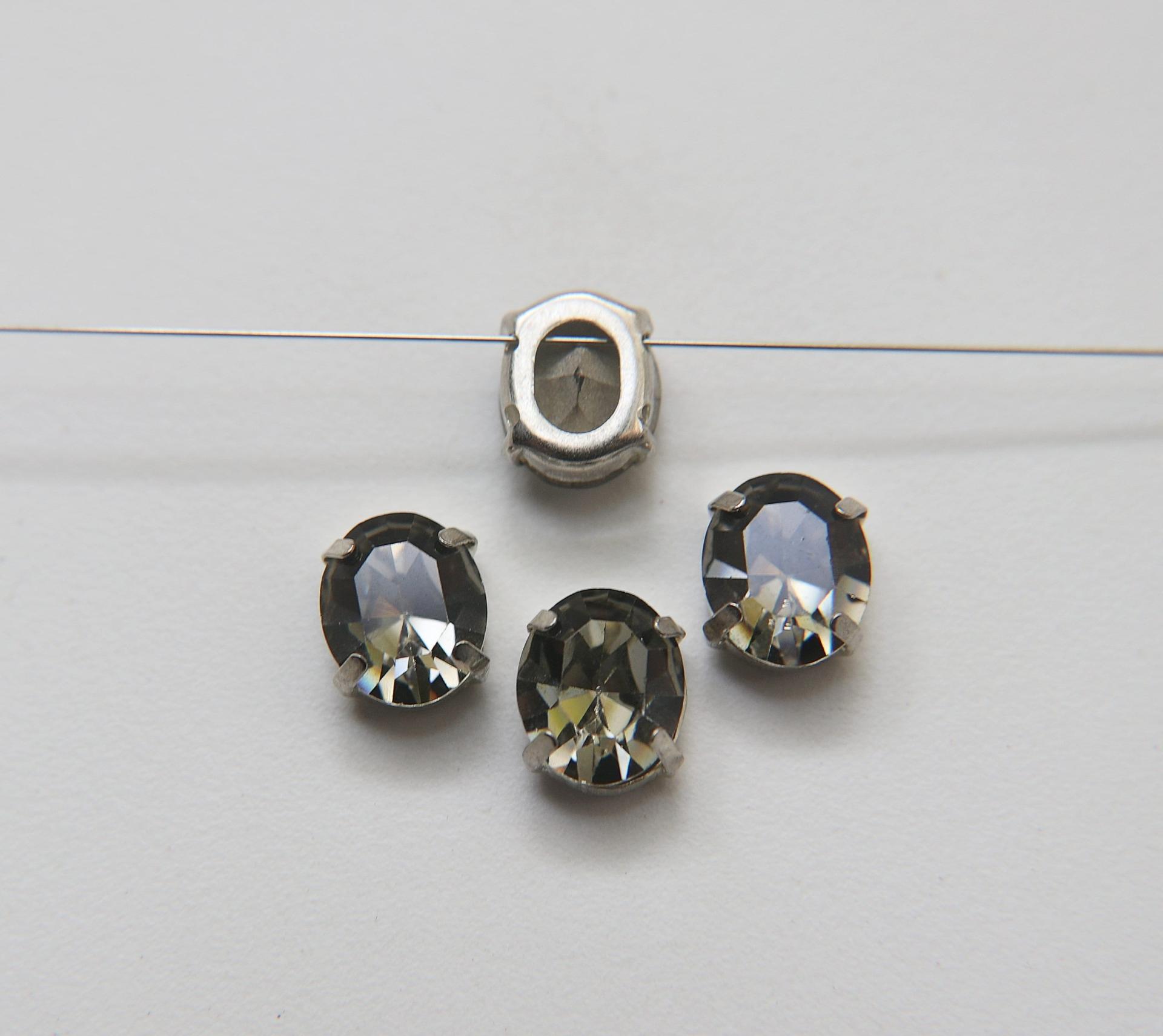 Swarovski 12x10 Black Diamond 4120 Oval Silver Clips Sewon 4 hole embroidery materials sewing jewelry making craft vintage supplies
