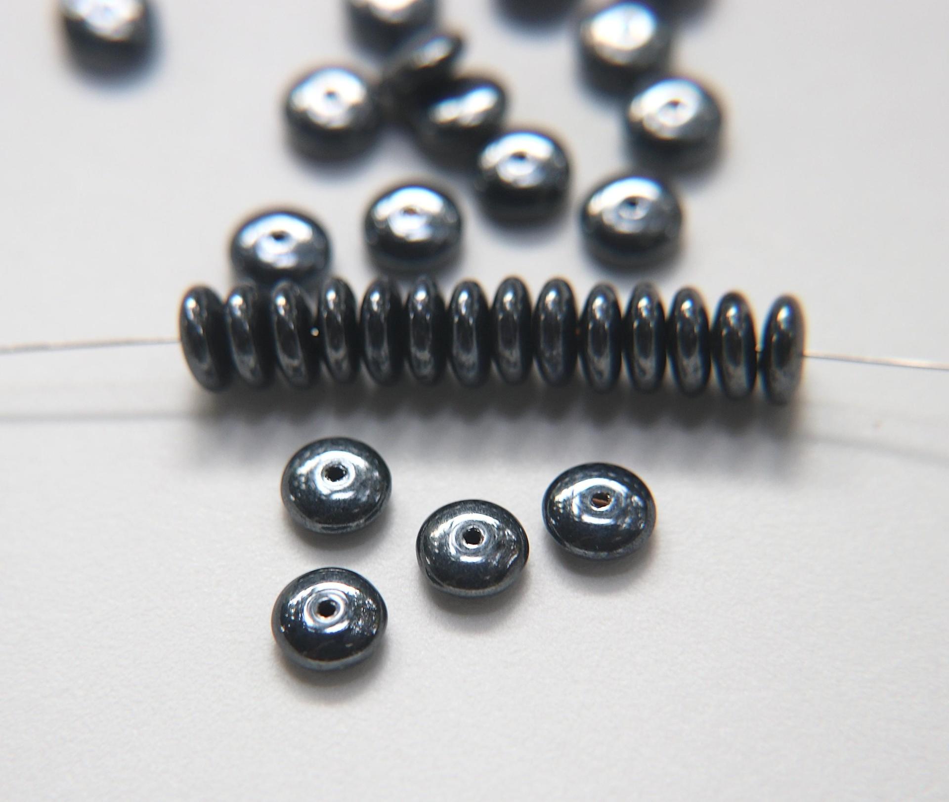 9mm Smooth Rondelle in Jet Hematite Pressed Czech Glass Beads Flat Disc Rondelle Spacer, spacer beads, wholesale beads