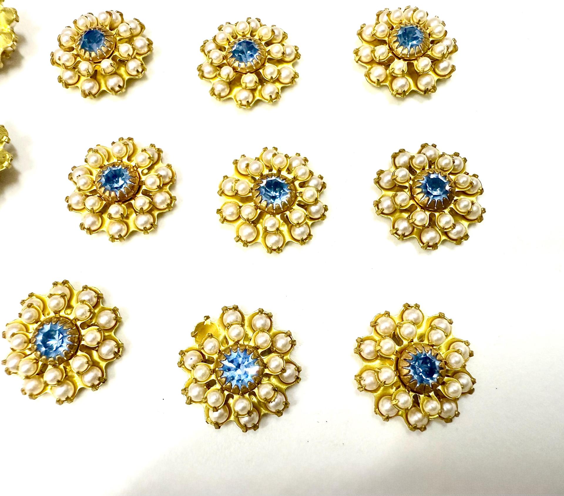 16mm Vintage brass Swarovski Flower Design in pearls and blue crystal Embellishment DIY Supplies wedding decorations