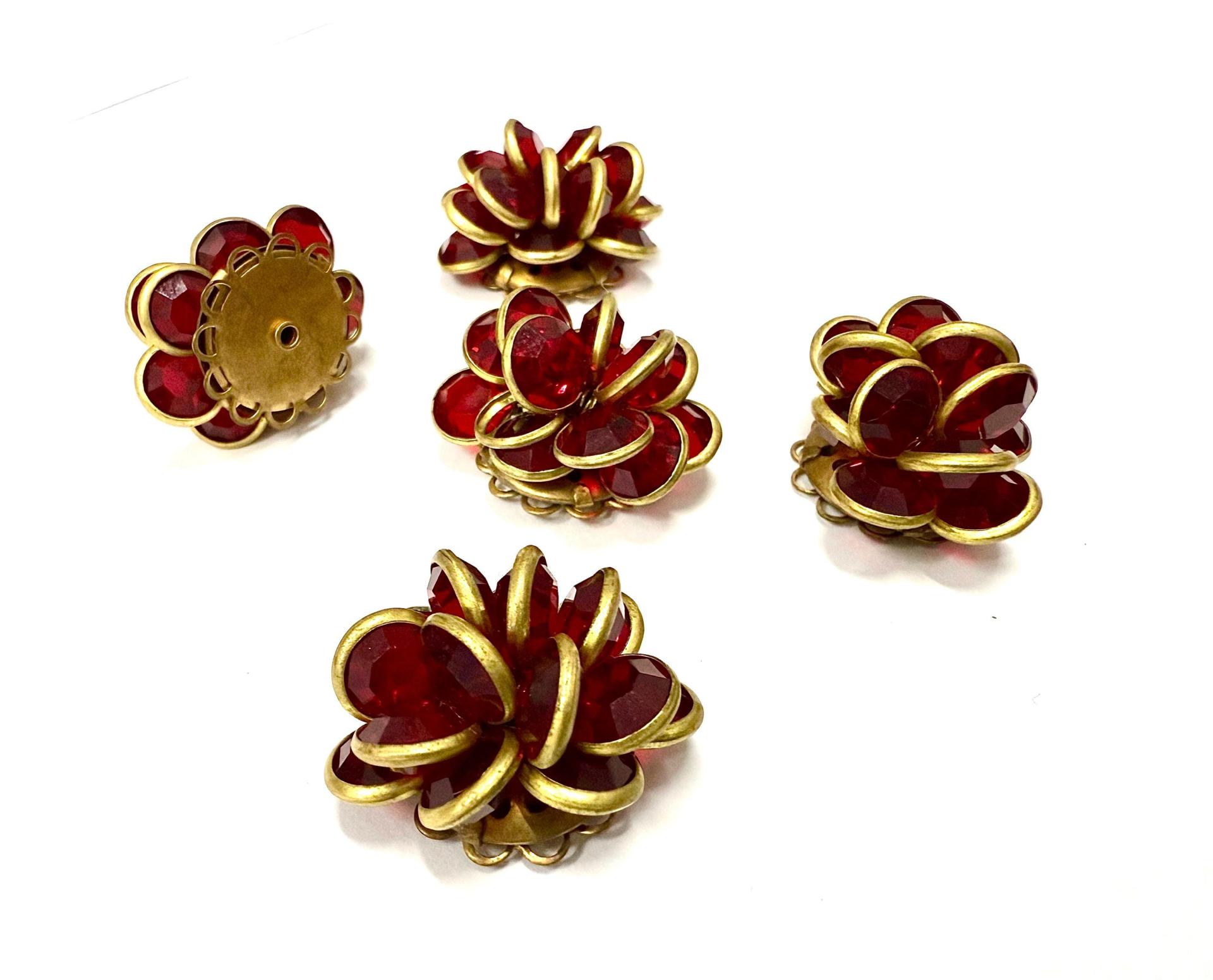 Vintage Siam Crystal Flower Beads, Brass DIY Supplies (25x22mm)