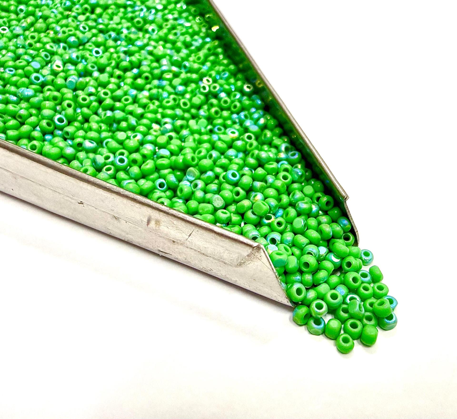 Patina Opaque Green Aurore Boreale Charlotte Cut Beads, 11/0