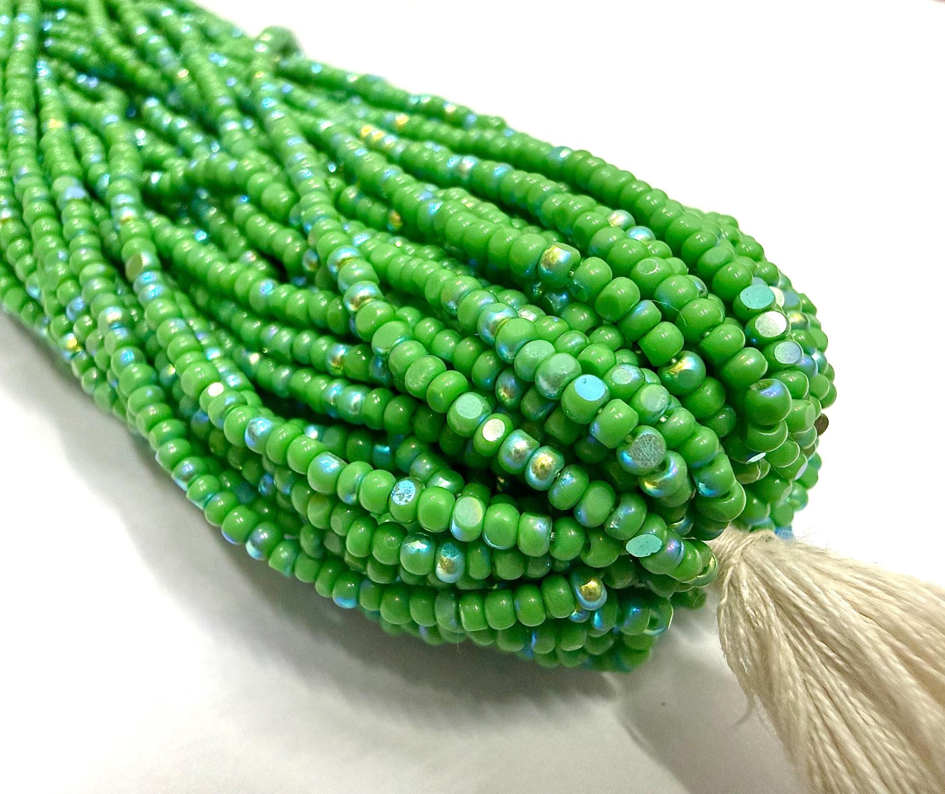 11/0 Charlotte Cut Seed Beads: Patina Opaque Green Aurore Boreale