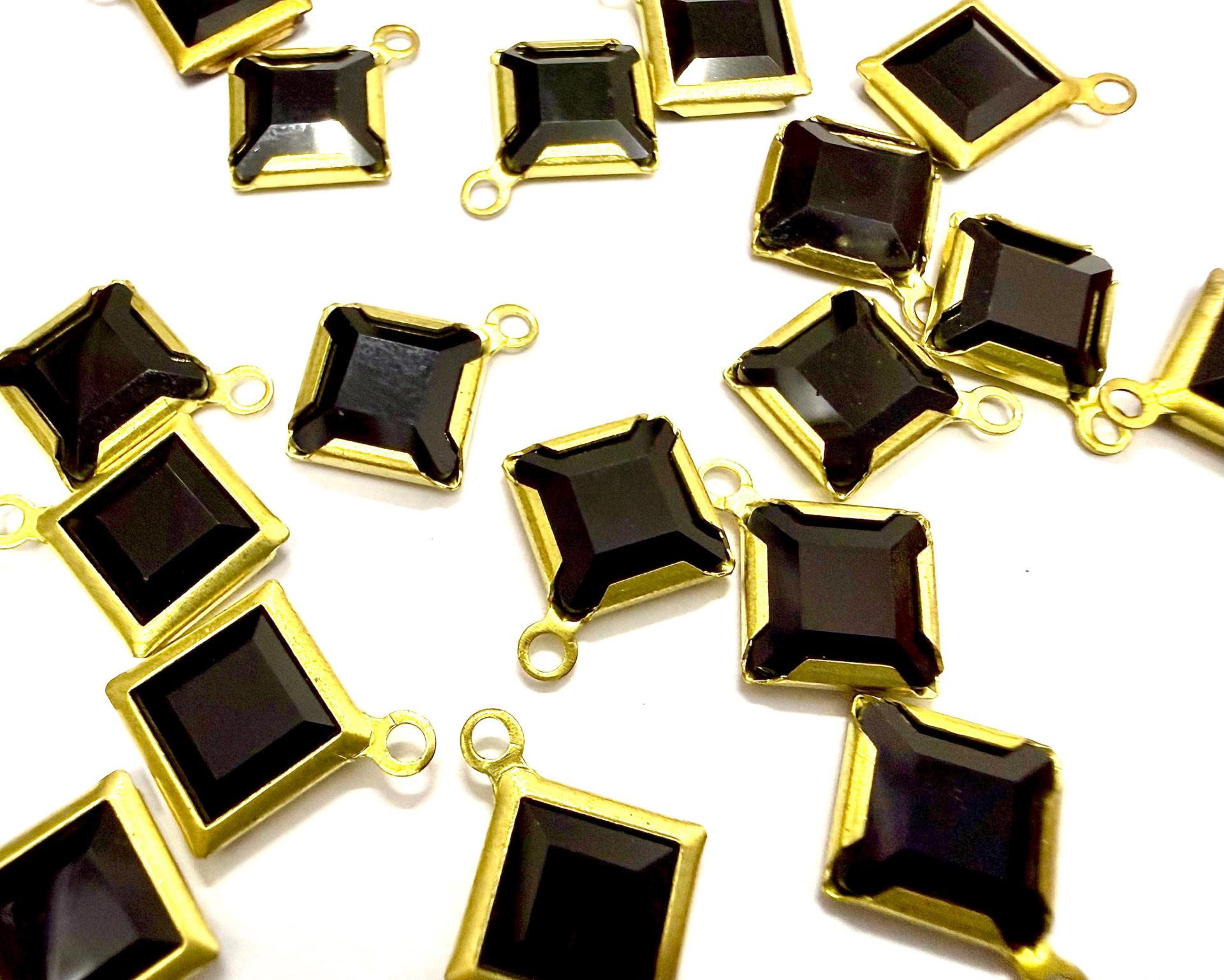 Square Vintage Swarovski Crystal 1 loop Dangle in Jet, Brass settings