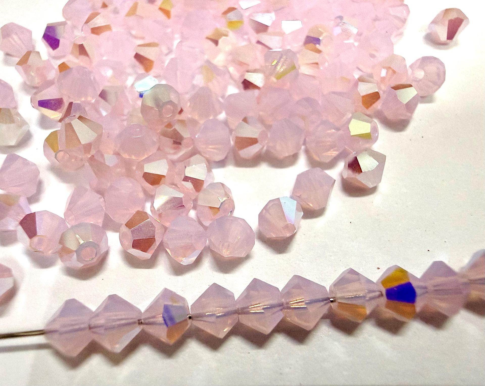 4mm Rose Opal Bicone Beads, Preciosa Crystal AB