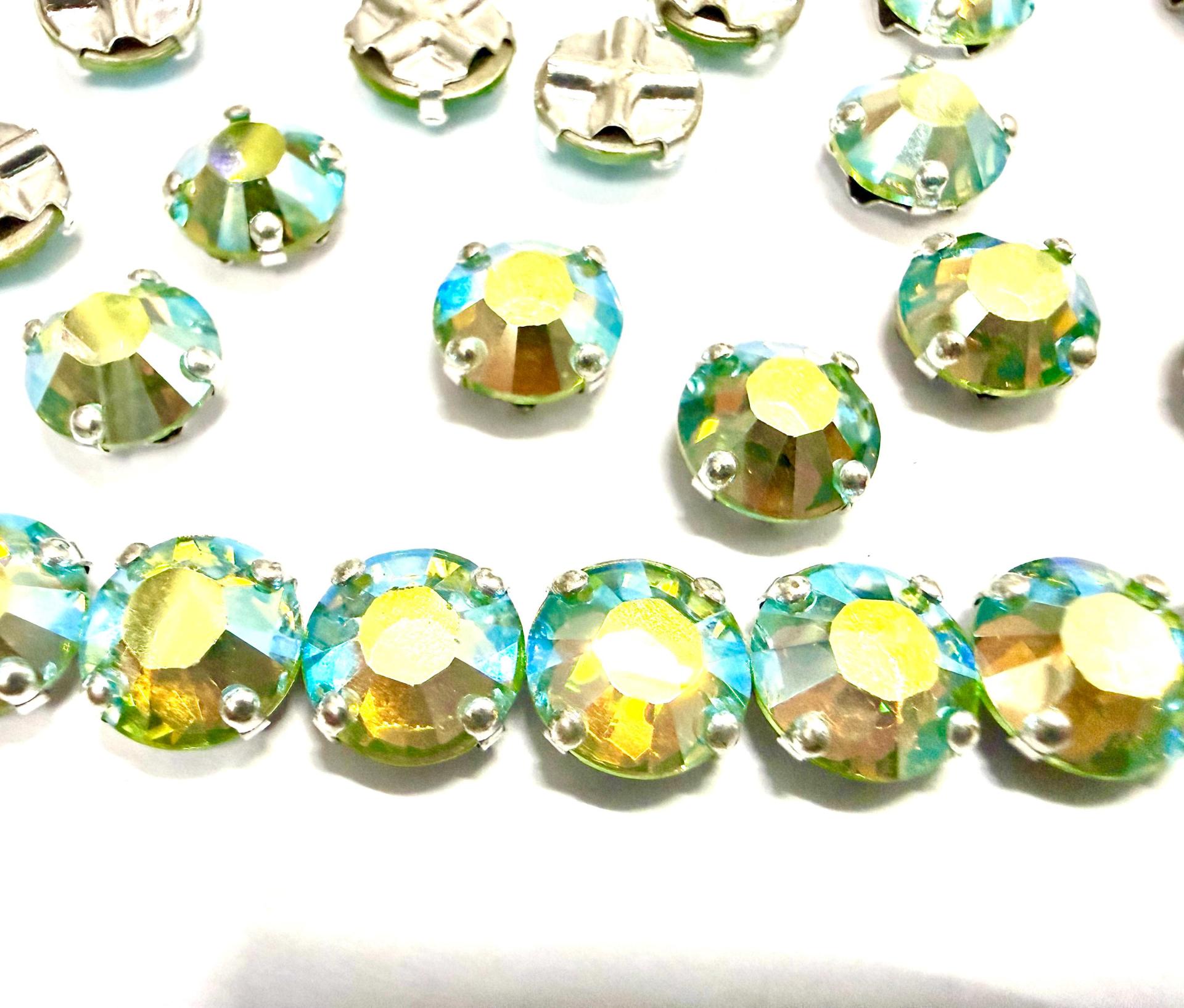 Vintage Swarovski Peridot Aurore Boreale Crystal Rose Montees, 40ss Silver Plated Settings