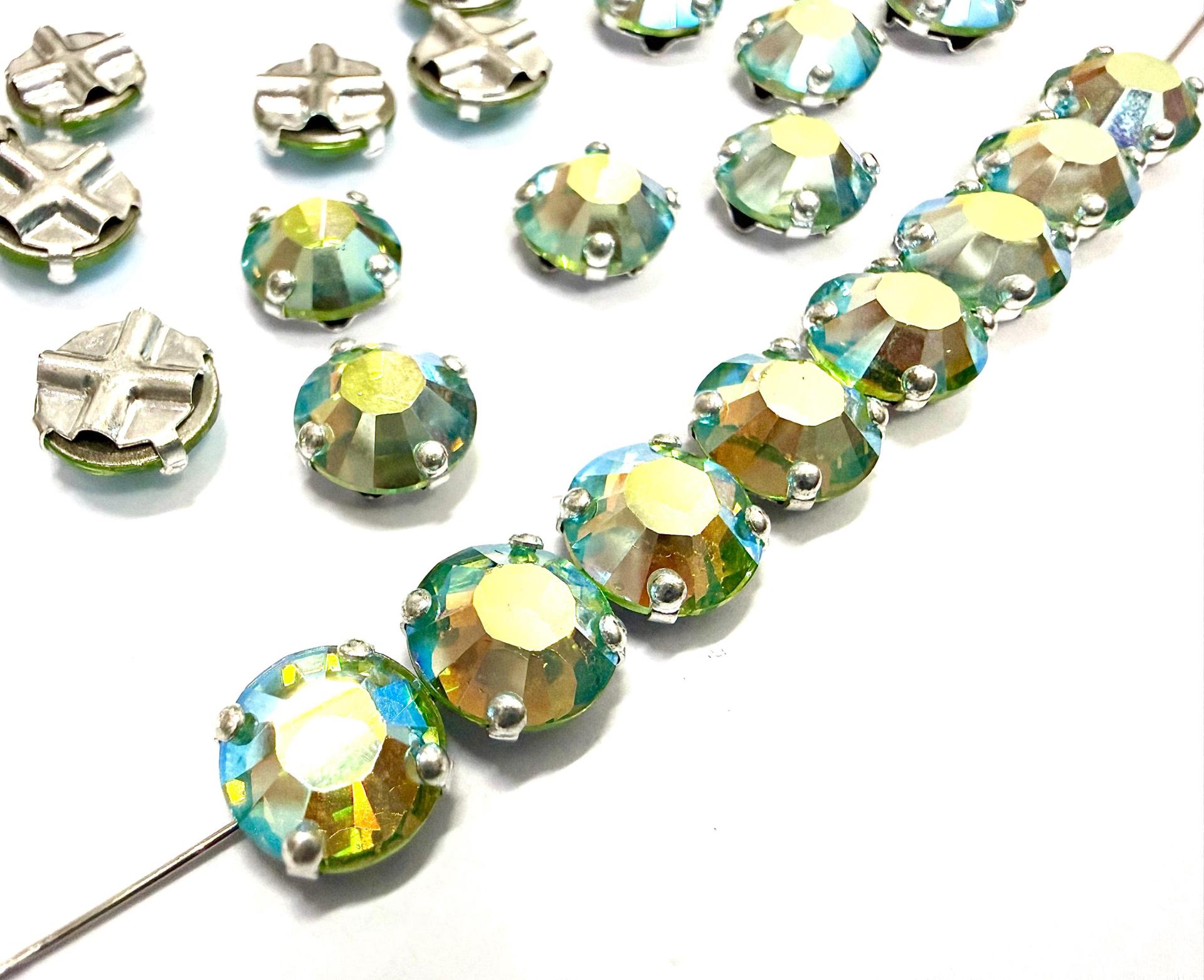Vintage Swarovski Peridot Aurore Boreale Crystal Rose Montees, 40ss Silver Plated Settings